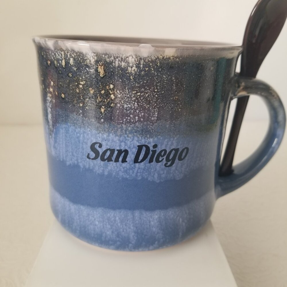 Large 16oz Blue Gray Ceramic Glazed San Diego Coffee Mug Cup with Spoon - Picture 3 of 14